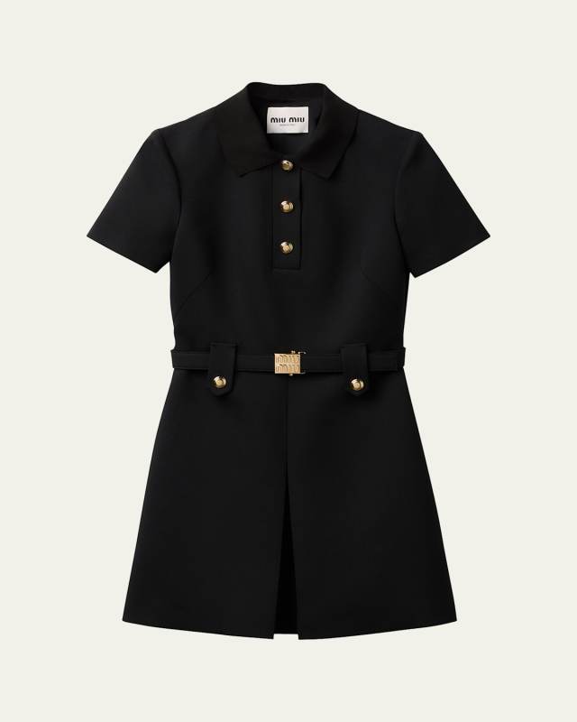 Short-Sleeve Wool Mini Dress With Belt